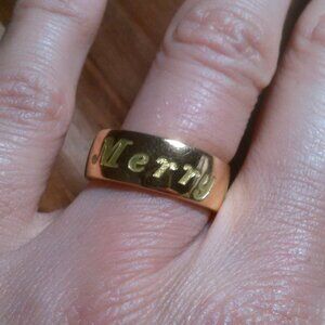 Merry Christmas Yellow Gold Over Sterling Silver Band Ring (Size 8)